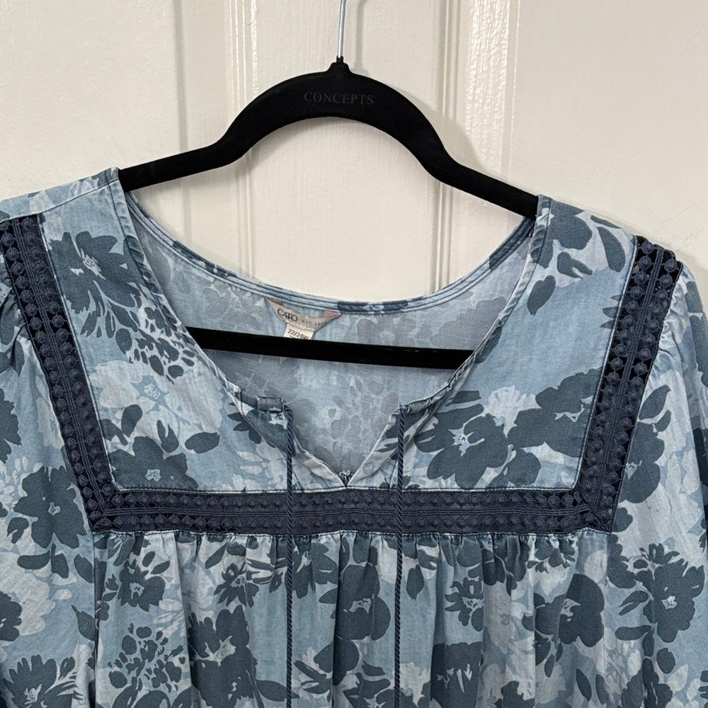 Cato Blue Floral Blouse with Tassel Accents - Picture 3 of 6